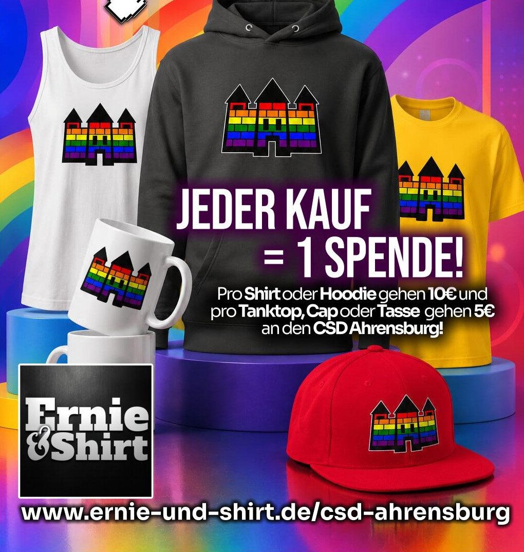 Merchandising-Banner von Ernie und Shirt für den CSD Ahrensburg